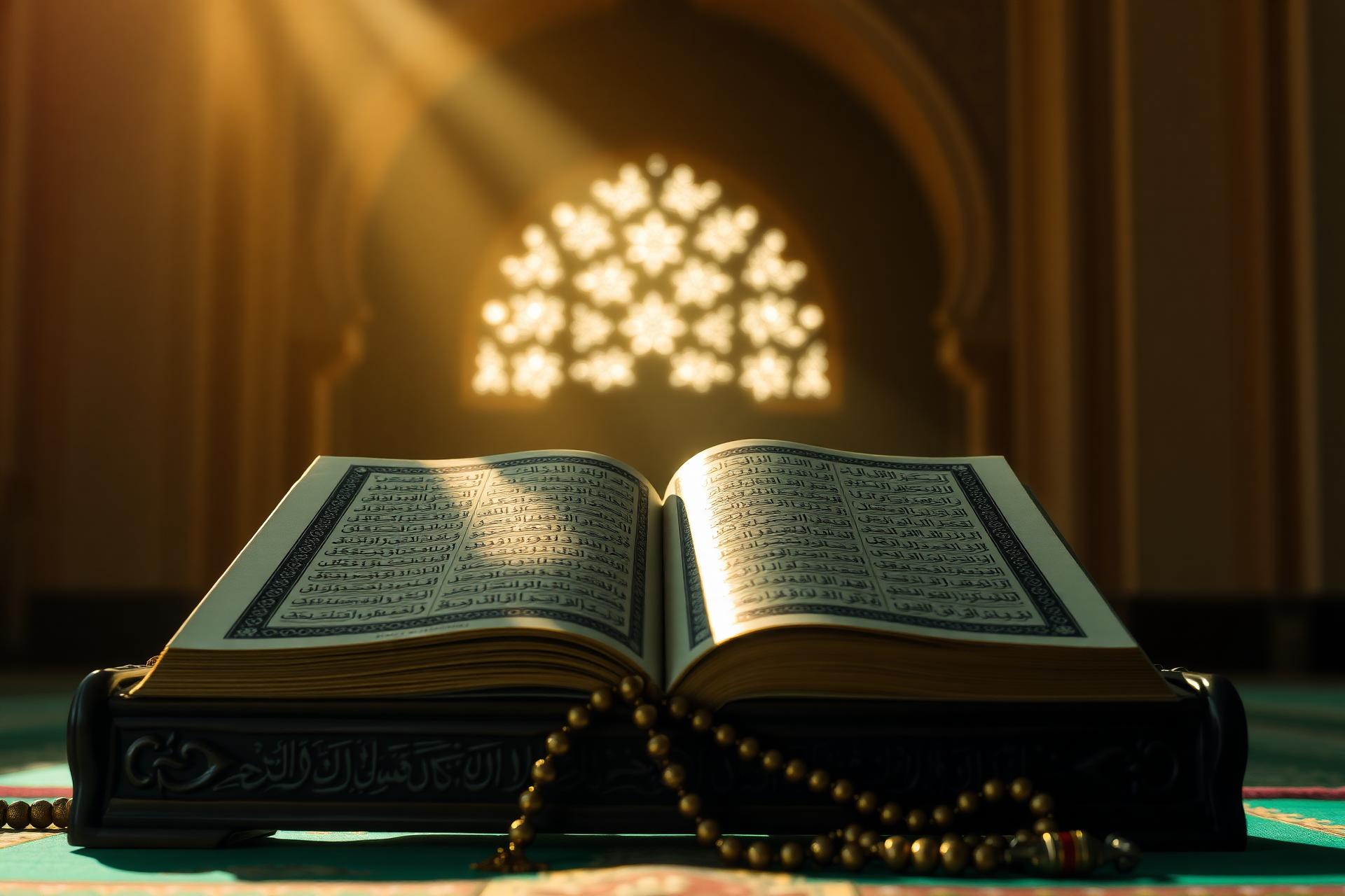 Open Heilige Koran op een rehal-standaard met tasbih-gebedssnoer