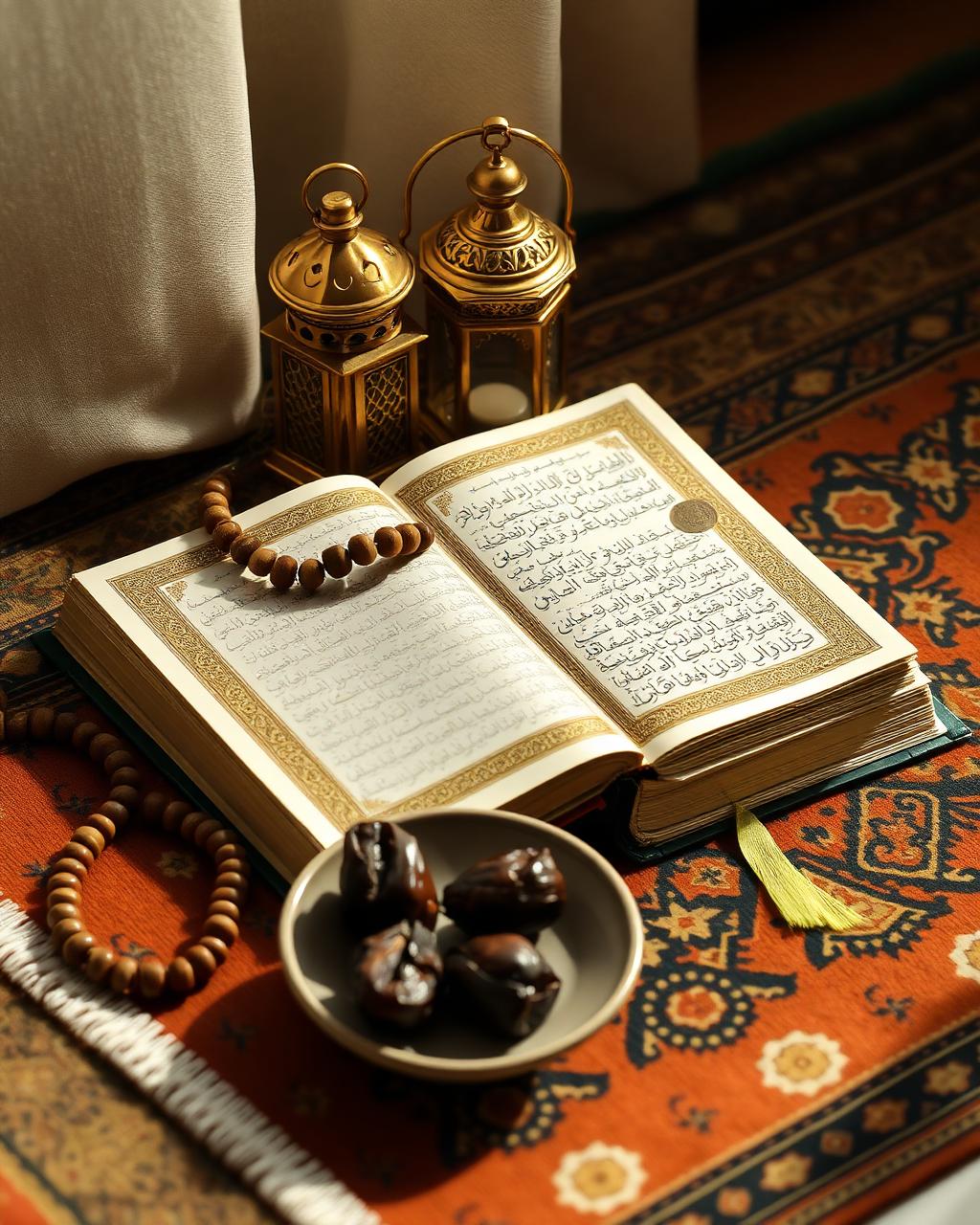 Stilleven met Koran, tasbih en Marokkaanse lantaarn op een gebedskleed